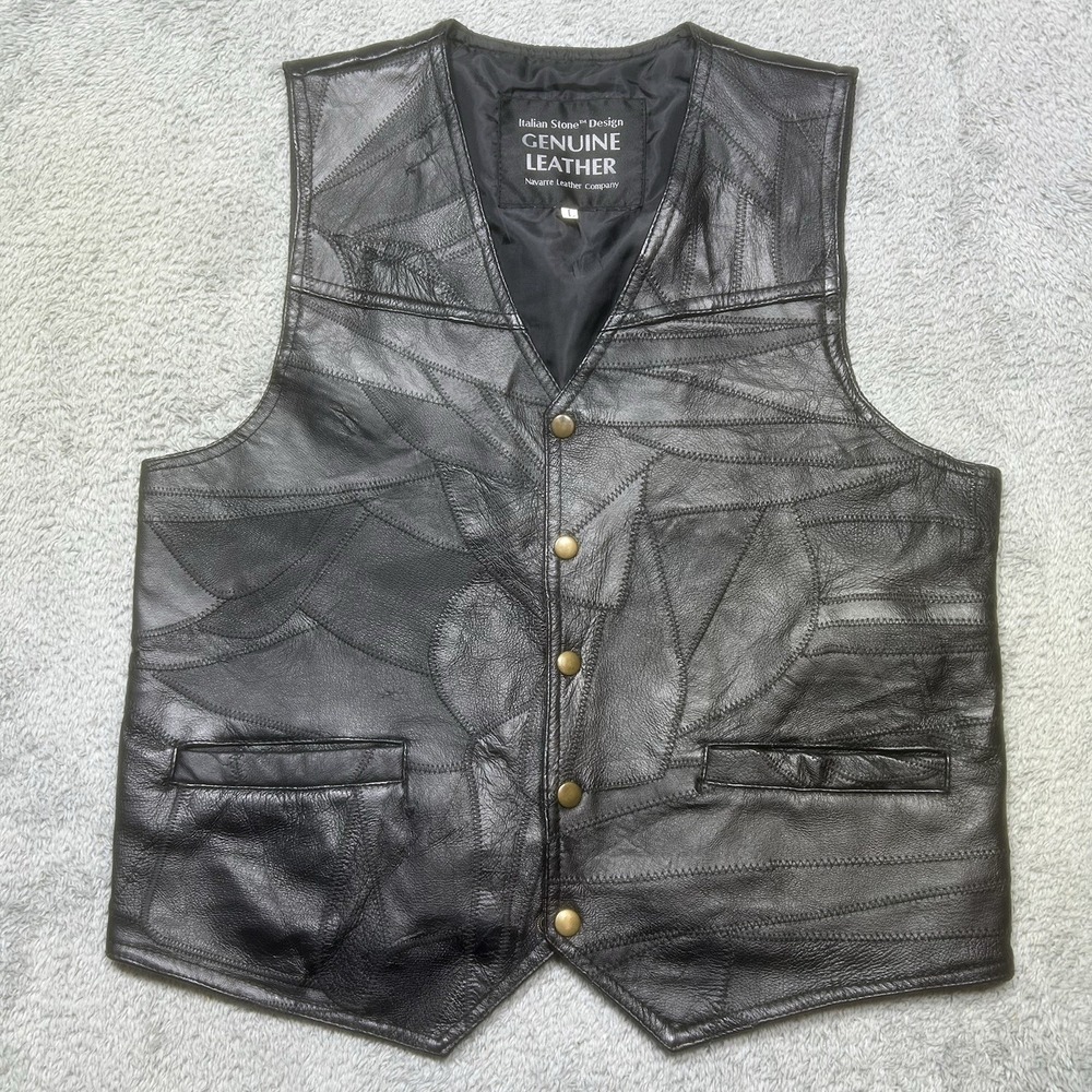 VTG Navarre Leather Co Vest Men's L Black Genuine Leather Patchwork‎ Motorcycle